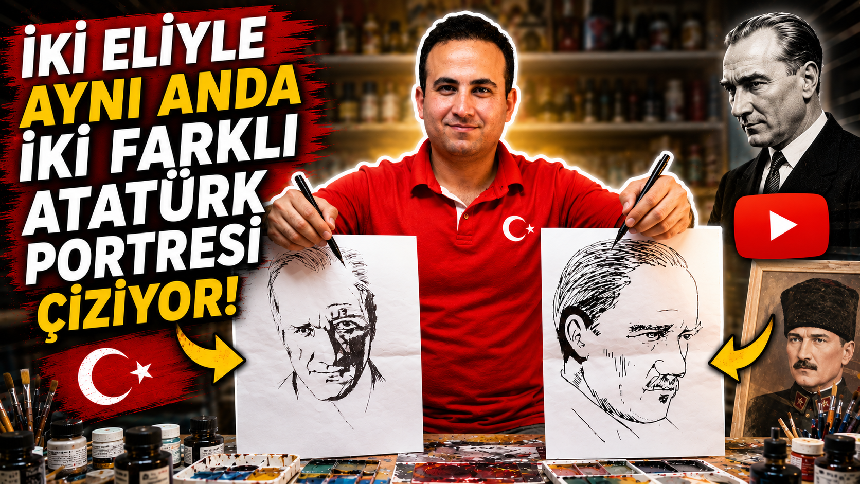 İki Eliyle Aynı Anda İki Farklı Atatürk Portresi Çiziyor